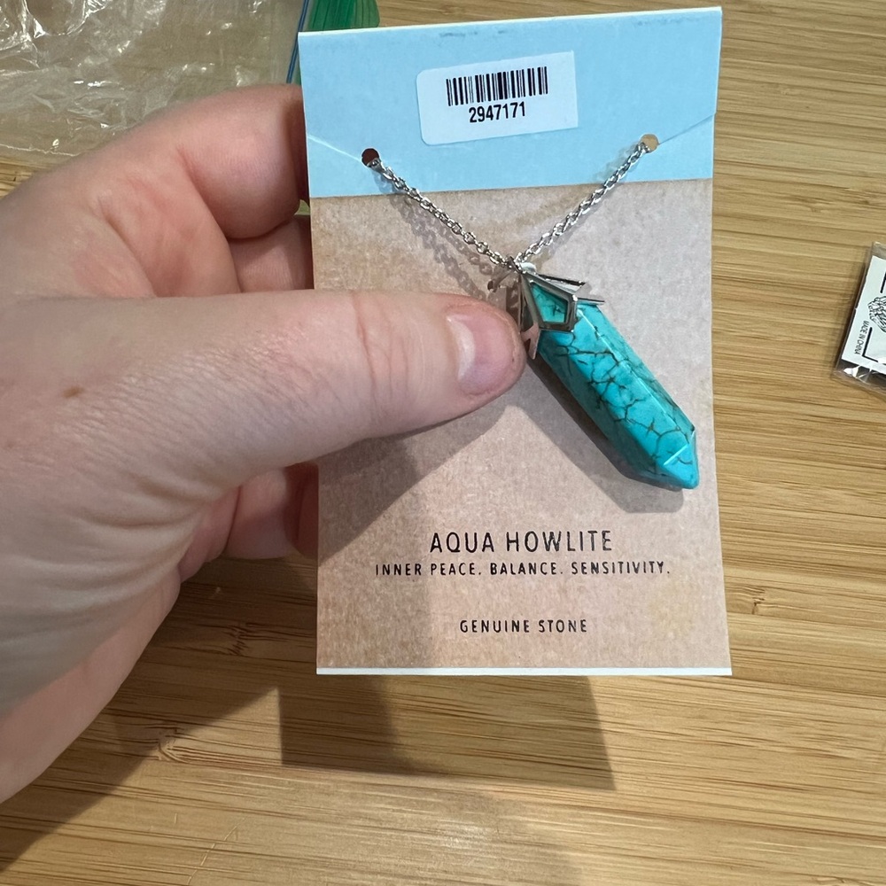 Aqua Howlite Crystal Necklace – Silver Chain (34”)